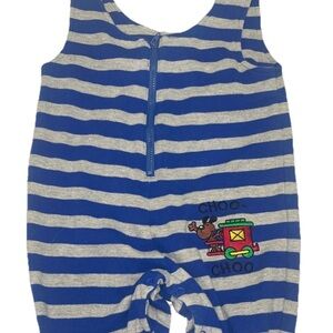Vintage Boys Overalls Romper Size 12 Months Blue Stripes Dog Train 90s